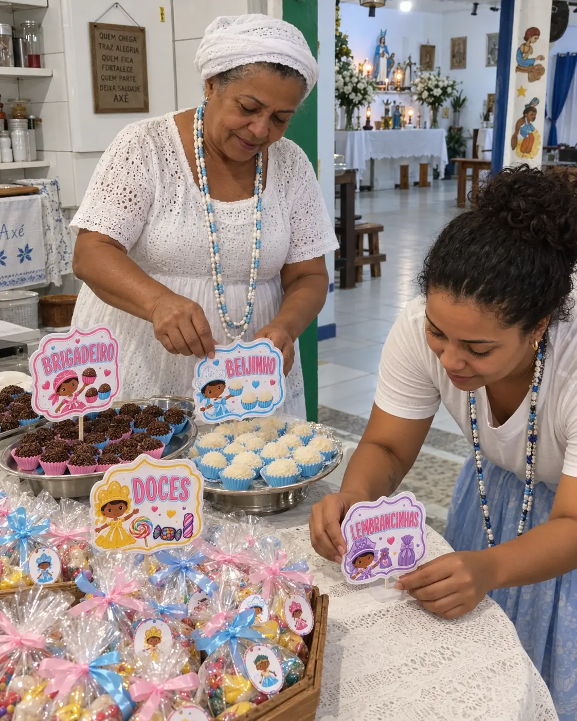 Mesa com doces e plaquinhas dos Erês sendo organizada com carinho