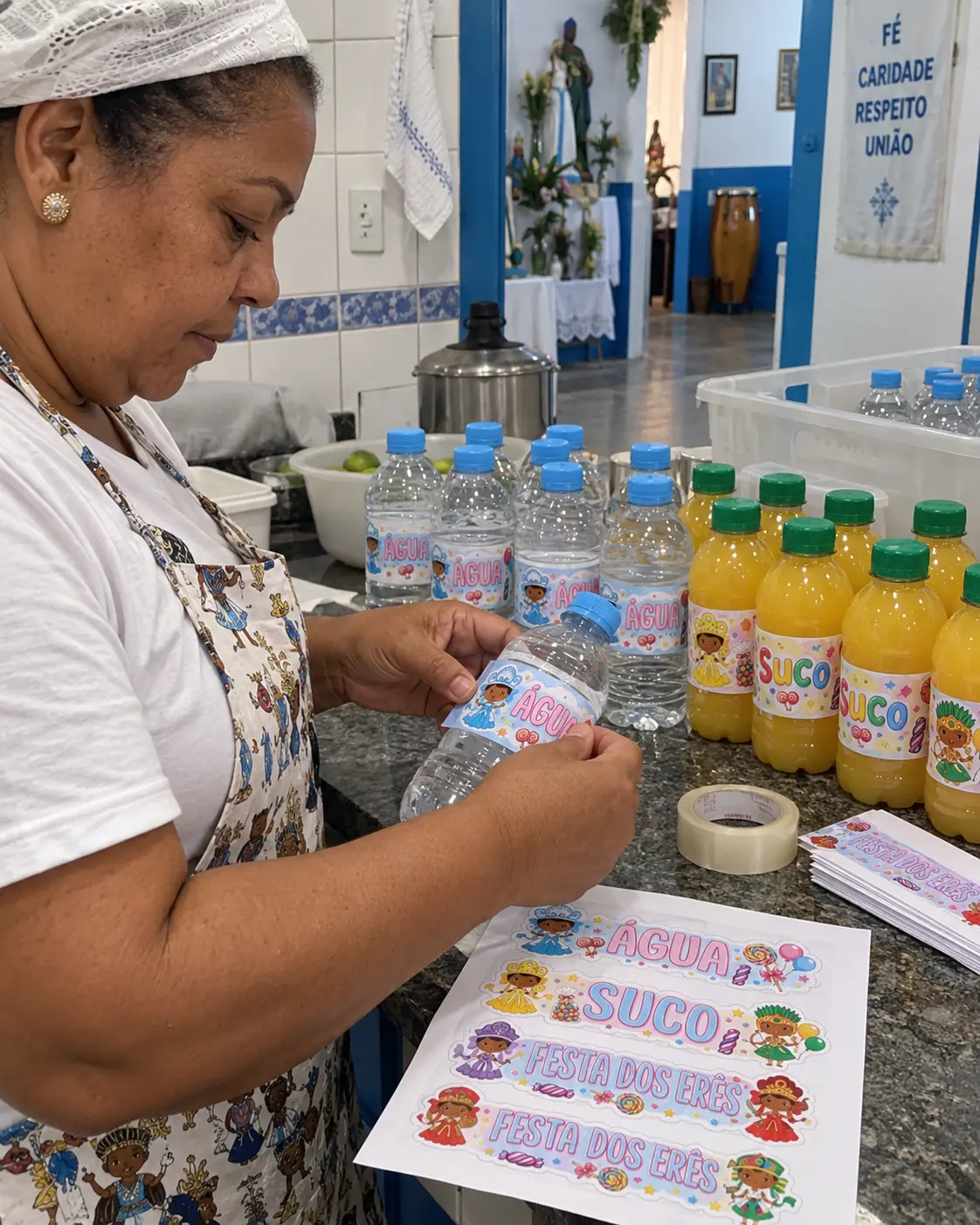 Pessoa aplicando rótulos dos Erês em garrafinhas de água e suco