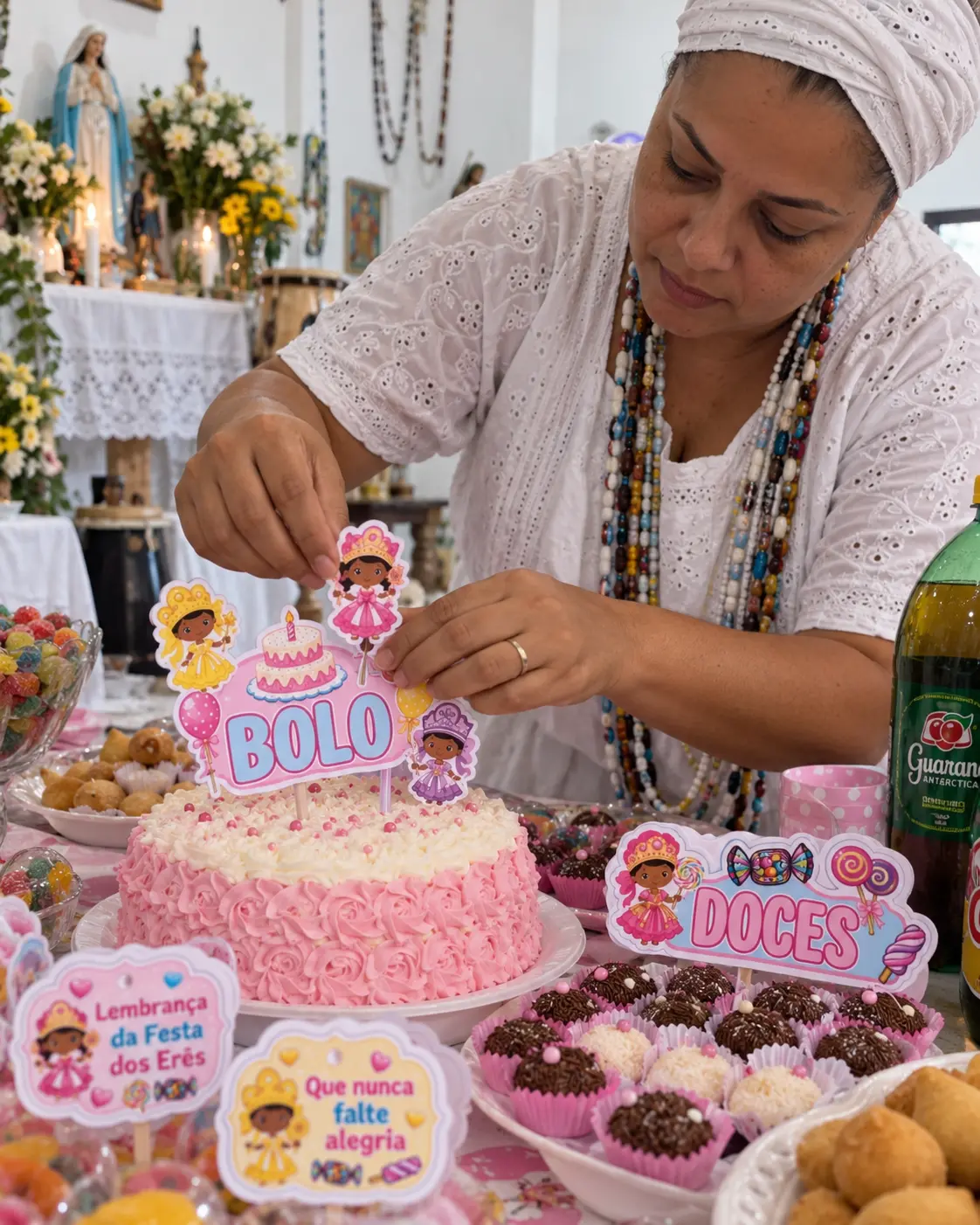 Pessoa decorando o bolo com toppers e plaquinhas da Festa dos Erês