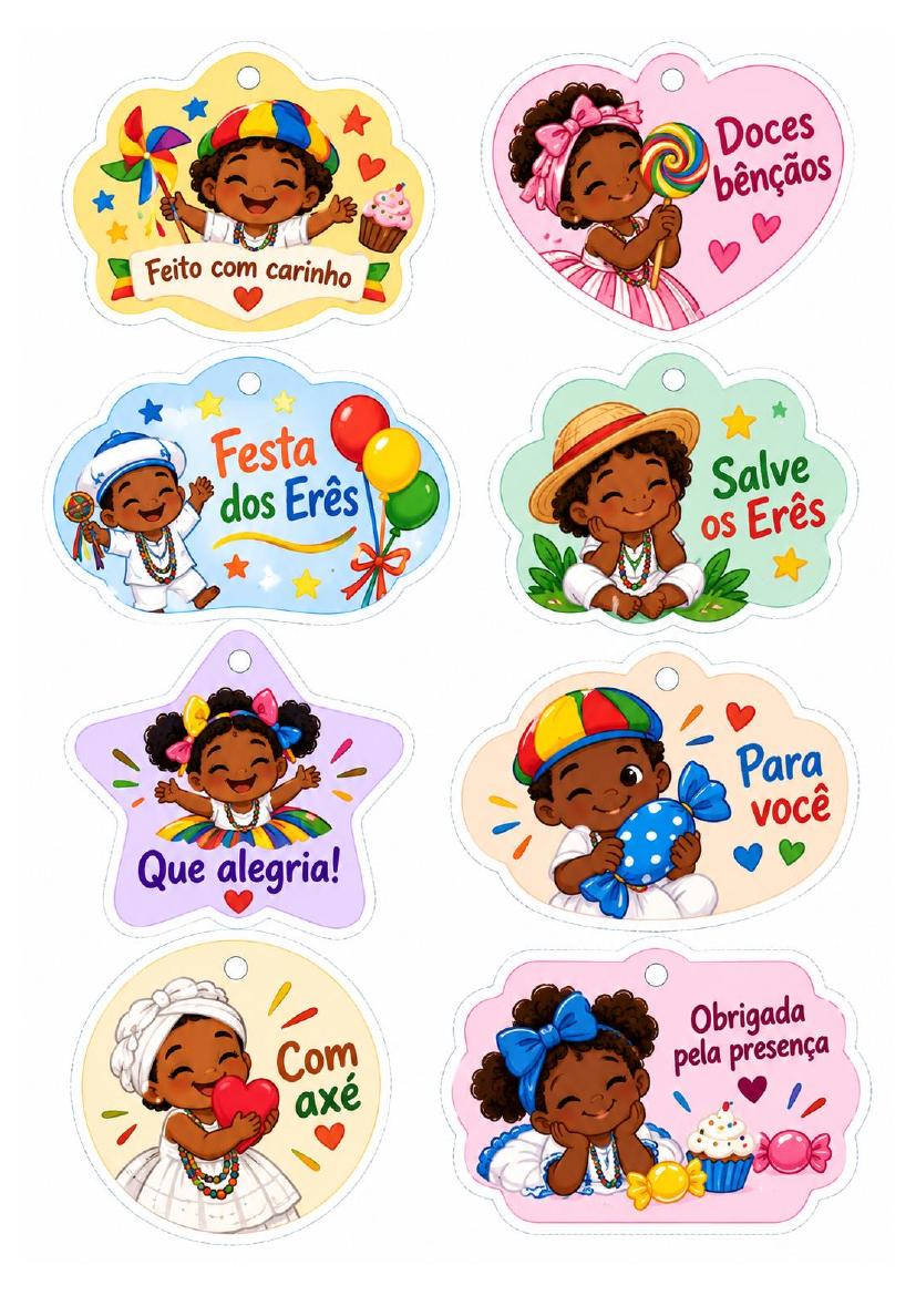 Tags redondas de doces e lembranças dos Erês
