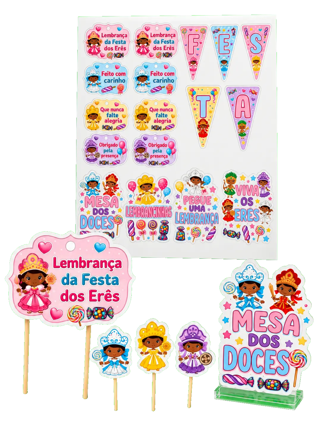Página de moldes e toppers prontos da Festa dos Erês para imprimir e recortar