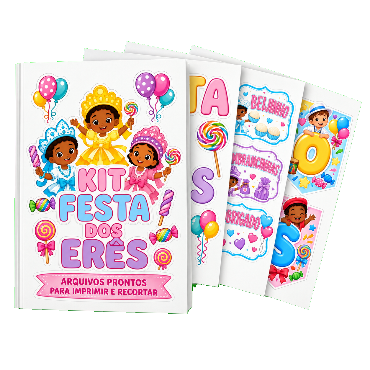 Mockup do Kit Festa dos Erês com as 39 páginas A4