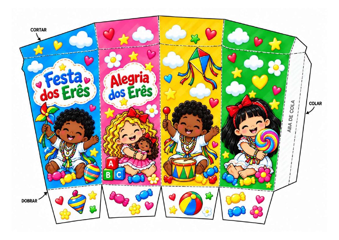 Gabarito multicolorido de caixinha dos Erês